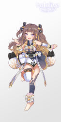 Rule 34 | 1girl, adapted costume, alternate costume, anya melfissa, barefoot, blonde hair, blush, breasts, brown hair, clenched hands, copyright name, gradient background, gradient hair, highres, hololive, hololive indonesia, idol clothes, kobi (piliheros2000), medium breasts, multicolored hair, open mouth, purple eyes, solo, standing, standing on one leg, two side up, virtual youtuber