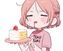 Rule 34 | 1girl, blush, blush stickers, bow, braid, cake, cake slice, character request, closed eyes, clothes writing, copyright request, drooling, food, fruit, hair bow, holding, holding plate, omutatsu, open mouth, pink shirt, plate, red bow, shirt, short hair, short sleeves, simple background, solo, strawberry, strawberry shortcake, sweat, t-shirt, upper body, white background