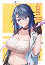 Rule 34 | 1girl, absurdres, ahoge, bandages, black-framed eyewear, black choker, black gloves, blue eyes, blue hair, breasts, chest sarashi, choker, cleavage, collarbone, commentary request, glasses, gloves, grin, hand up, head tilt, highres, holding, holding sword, holding weapon, indie virtual youtuber, jacket, katana, kson, large breasts, long hair, looking at viewer, midriff, monkey1468, navel, open clothes, open jacket, over shoulder, sarashi, smile, solo, souchou, stomach, strapless, sword, tube top, upper body, very long hair, virtual youtuber, weapon, weapon over shoulder, white jacket