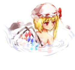Rule 34 | 1girl, back, bad id, bad pixiv id, bathing, blonde hair, check commentary, commentary request, cup, fang, flandre scarlet, hat, hat ribbon, kotou (ko-tou), mob cap, onsen, red eyes, ribbon, smile, solo, teacup, touhou, water, wet, wet hair, wings
