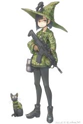 Rule 34 | 1girl, assault rifle, black cat, black eyes, black footwear, black hair, black pantyhose, black skirt, book, boots, brown gloves, camouflage, camouflage headwear, camouflage jacket, cat, commentary request, dated, foregrip, gloves, gun, gun sling, hair behind ear, hat, highres, holding, holding gun, holding weapon, howa type 20, jacket, mifune ( mifune 707), military jacket, original, pantyhose, rifle, scope, short hair, skirt, solo, trigger discipline, twitter username, weapon, whiskers, witch hat