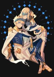 Rule 34 | 1boy, 1girl, armlet, armor, black background, black shirt, blonde hair, blue eyes, bracer, brother and sister, castor (fate), collar, commentary request, diadem, fate/grand order, fate (series), hands on another&#039;s shoulders, highres, latte hpel, looking at viewer, medium hair, metal collar, pauldrons, pollux (fate), robe, sandals, shirt, shoulder armor, siblings, simple background, sketch, smile, tiara, twins, white robe
