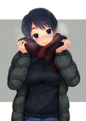 Rule 34 | 1girl, 5saiji, black hair, down jacket, female focus, highres, jacket, looking at viewer, original, scarf, short hair, smile, solo, sweater, winter clothes