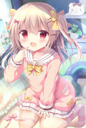 Rule 34 | 1girl, :d, bed, bed sheet, bedroom, bow, child, collar, curtains, flower pot, frilled collar, frilled pillow, frills, hair ornament, hair ribbon, hairclip, hat ornament, highres, indoors, kotoriifu, light brown hair, looking at viewer, open mouth, original, pajamas, pillow, pink bow, pink pajamas, red eyes, ribbon, smile, socks, solo, striped clothes, striped legwear, striped socks, stuffed animal, stuffed toy, twintails, window, yellow bow, yellow neckwear