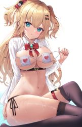 Rule 34 | 1girl, :q, absurdres, akai haato, aqua eyes, bikini, blonde hair, bow, bowtie, breasts, brooch, eyepatch bikini, hair ornament, heart, heart hair ornament, highres, hololive, jewelry, large breasts, long hair, looking at viewer, nail polish, navel, red bow, red bowtie, red nails, side-tie bikini bottom, simple background, sitting, solo, stomach, swimsuit, thigh strap, thighhighs, thighs, tongue, tongue out, two side up, uni ikura, virtual youtuber, wet, white background
