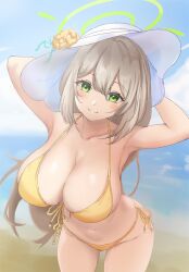 Rule 34 | 1girl, armpits, arms up, bikini, blue archive, blue background, blush, breasts, collarbone, commentary request, cowboy shot, green eyes, grey hair, groin, hat, highres, large breasts, long hair, looking at viewer, mameppu, navel, nonomi (blue archive), smile, solo, standing, stomach, sun hat, swimsuit, thighs, very long hair, white hat, yellow bikini
