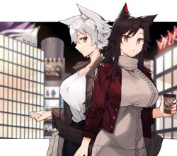 Rule 34 | 2girls, alternate costume, animal ear fluff, animal ears, bad id, bad pixiv id, black hair, breasts, brown jacket, casual, commentary request, contemporary, cup, dress, from side, grey dress, hair between eyes, holding, holding cup, imaizumi kagerou, inubashiri momiji, jacket, large breasts, long hair, long sleeves, multiple girls, parted lips, profile, red eyes, red jacket, shirt, short hair, sidelocks, silver hair, suminagashi, touhou, turtleneck, turtleneck dress, upper body, white shirt, wolf ears