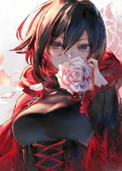 Rule 34 | 1girl, backlighting, black hair, breasts, cape, commentary, corset, cross, english commentary, flower, gradient hair, grey eyes, hair between eyes, izumi sai, long sleeves, looking at viewer, medium breasts, multicolored hair, petals, red cape, red hair, rose, rose petals, ruby rose, rwby, short hair, solo, two-tone hair, upper body