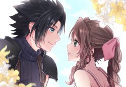 Rule 34 | 1boy, 1girl, aerith gainsborough, armor, bare shoulders, black hair, blue eyes, blue sky, blurry, blurry foreground, blush, braid, braided ponytail, brown hair, close-up, couple, crisis core final fantasy vii, dress, final fantasy, final fantasy vii, flower, green eyes, hair ribbon, highres, kt9 ct, long hair, looking at another, pink ribbon, ribbon, shoulder armor, sky, sleeveless, sleeveless dress, spiked hair, sweater, turtleneck, turtleneck sweater, upper body, zack fair
