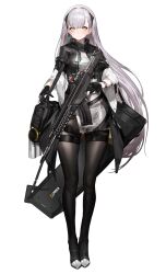 Rule 34 | 1girl, :&lt;, ak-alfa, ak-alfa (girls&#039; frontline), assault rifle, bag, black gloves, blush, bottle, collar, full body, girls&#039; frontline, gloves, grey hair, gun, hairband, highres, holding, holding gun, holding weapon, long hair, looking at viewer, orange eyes, partially fingerless gloves, rifle, solo, straight-on, thigh strap, weapon, weapon case, white background, xiaoluo xl
