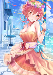 Rule 34 | 1girl, bare arms, bare shoulders, blue ribbon, blue sky, blush, breasts, brown eyes, chair, cleavage, cloud, commentary, cowboy shot, day, dress, flower, hair between eyes, hand up, head tilt, head wreath, highres, idolmaster, idolmaster cinderella girls, jewelry, jougasaki mika, lace, lace-trimmed dress, lace trim, large breasts, nail polish, necklace, orange dress, outdoors, pink flower, pink hair, pink rose, red nails, ribbon, roke (taikodon), rose, sash, short hair, sky, solo, strapless, strapless dress, table, w