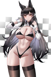 Rule 34 | 1girl, absurdres, animal ears, atago (azur lane), atago (stunning speedster) (azur lane), azur lane, bikini, black bikini, black hair, black thighhighs, blush, breasts, closed mouth, commentary, cowboy shot, dog ears, duplicate, eternity (shadeh), extra ears, highleg, highleg bikini, highres, large breasts, long hair, looking at viewer, mole, mole under eye, navel, official alternate costume, pixel-perfect duplicate, race queen, ribbon, shrug (clothing), smile, solo, swept bangs, swimsuit, thighhighs, thighs, white ribbon, wrist cuffs