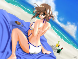 Rule 34 | 1girl, beach, bikini, bikini tan, bottle, brown eyes, brown hair, cloud, covering privates, covering breasts, day, dutch angle, from behind, glasses, head tilt, long hair, looking at viewer, looking back, lotion, non-web source, ocean, outdoors, sitting, sky, smile, solo, spade, swimsuit, tan, tanline, towel, untied, wariza, waves, white bikini