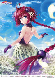 Rule 34 | 1girl, absurdres, back, bare back, bare shoulders, blue eyes, blue sky, blush, braid, breasts, cloud, cloudy sky, copyright name, day, dress, field, flower, flower field, gloves, hair ornament, hairpin, highres, kurosaki mea, lavender dress, long hair, looking at viewer, looking back, official art, outdoors, outstretched arm, petals, purple dress, purple gloves, red hair, ribbon-trimmed dress, sky, small breasts, smile, solo, standing, to love-ru, very long hair, yabuki kentarou