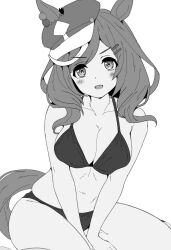 Rule 34 | 1girl, animal ears, bikini, blush, breasts, cleavage, collarbone, commentary request, hair between eyes, hair ornament, hat, highres, horse ears, horse girl, john does, looking at viewer, matikane tannhauser (umamusume), medium breasts, medium hair, monochrome, navel, open mouth, sitting, solo, swimsuit, umamusume, white background