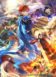 Rule 34 | 1girl, 2boys, animal, armor, blue armor, blue eyes, blue hair, cape, commentary request, company connection, company name, copyright name, eliwood (fire emblem), fire, fire emblem, fire emblem: the blazing blade, fire emblem cipher, green eyes, green hair, hector (fire emblem), holding, holding sword, holding weapon, horse, horseback riding, long hair, long sleeves, looking at viewer, lyn (fire emblem), multiple boys, nintendo, official art, ponytail, red hair, riding, rope belt, short hair, short sleeves, shoulder armor, smile, sword, wada sachiko, weapon