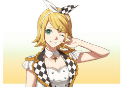 Rule 34 | 1girl, bare arms, blonde hair, border, bow, bow hairband, breasts, checkered bow, checkered clothes, choker, cleavage, gradient background, green eyes, grin, hair bow, hair ornament, hairband, hairclip, highres, kagamine rin, looking at viewer, nail polish, one eye closed, outside border, short hair, small breasts, smile, solo, sorashiroumi, swept bangs, upper body, vocaloid, white background, white border, white bow, white choker, white hairband, yellow background, yellow nails