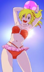 Rule 34 | 1girl, absurdres, armpits, arms up, ball, bikini, blonde hair, blue eyes, breasts, elle vianno, gundam, gundam zz, hair ribbon, highres, looking at viewer, looking down, medium breasts, navel, open mouth, ribbon, smile, solo, swimsuit, underboob