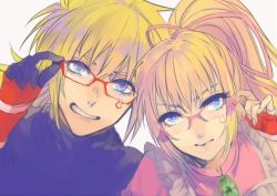 Rule 34 | 1boy, 1girl, apron, blonde hair, blue eyes, brother and sister, fingerless gloves, frills, glasses, gloves, lilith aileron, long hair, open mouth, ponytail, ribbon, siblings, stahn aileron, tales of (series), tales of destiny