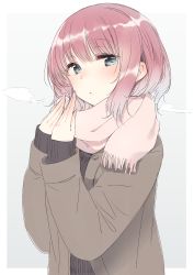 Rule 34 | 1girl, blue eyes, blush, breath, commentary request, enpera, fingernails, hands up, long sleeves, looking at viewer, nekoume, original, pink hair, pink scarf, scarf, short hair, solo, upper body