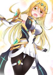 Rule 34 | 1girl, absurdres, bare shoulders, black pantyhose, blonde hair, blush, breasts, dress, earrings, gloves, hair between eyes, highres, jewelry, large breasts, long hair, looking at viewer, mythra (massive melee) (xenoblade), mythra (xenoblade), nintendo, panties, panties under pantyhose, pantyhose, pantyshot, short dress, solo, spirit (super smash bros.), standing, super smash bros., swept bangs, tears, thigh gap, thigh strap, tiara, underwear, v-shaped eyebrows, very long hair, white dress, white panties, xenoblade chronicles (series), xenoblade chronicles 2, yellow eyes, zero-theme