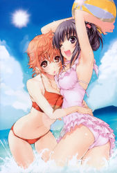 Rule 34 | 2girls, :o, ;d, absurdres, armpits, arms up, ass, ball, beachball, bikini, black hair, breasts, brown eyes, brown hair, casual one-piece swimsuit, character request, cleavage, cloud, cover image, day, frilled swimsuit, frills, hair bobbles, hair ornament, highres, hug, koisome momiji, lens flare, medium breasts, miura tadahiro, multiple girls, nanasato yui, navel, ocean, one-piece swimsuit, one eye closed, open mouth, outdoors, pink one-piece swimsuit, ponytail, purple eyes, red bikini, scan, shinomiya sana, shiny skin, sky, smile, sun, swimsuit, tadahiro miura, wading, water, wink