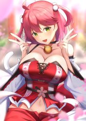 Rule 34 | 1girl, :d, ahoge, arms up, bare shoulders, bell, black choker, blurry, blurry background, blush, breasts, cat hair ornament, cat tail, cherry blossoms, choker, cleavage, depth of field, detached sleeves, double v, falling petals, green eyes, hair ornament, hairclip, highres, hololive, japanese clothes, jingle bell, large breasts, looking at viewer, medium hair, menmen (menmen13s), nail polish, navel, neck bell, official alternate costume, open fly, open mouth, petals, pink nails, pom pom (clothes), red hair, red shirt, sakura miko, sakura miko (work), shirt, smile, solo, tail, two side up, v, virtual youtuber, wide sleeves