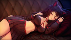 Rule 34 | 1girl, absurdres, animal ears, bare shoulders, black hair, black shirt, black skirt, breasts, cat ears, choker, cleavage, clickdraws, closed eyes, collarbone, commission, couch, crop top, detached sleeves, facing viewer, hand up, highres, indie virtual youtuber, lanfear, large breasts, long hair, long sleeves, looking at viewer, lying, md5 mismatch, midriff, miniskirt, navel, on couch, on side, pillow, pleated skirt, red choker, resolution mismatch, ribbon choker, shirt, skirt, sleeping, smile, solo, source larger, stomach, thighs, virtual youtuber, vrchat