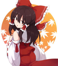 Rule 34 | 1girl, ass, bow, brown eyes, brown hair, detached sleeves, from behind, hair between eyes, hair bow, hair tubes, hakurei reimu, highres, leaf, leaf background, long hair, long sleeves, looking at viewer, looking back, open mouth, red bow, red skirt, ribbon-trimmed sleeves, ribbon trim, rizento, sidelocks, skirt, solo, touhou, wide sleeves