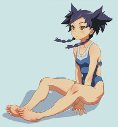 Rule 34 | 00s, 1girl, barefoot, black hair, braid, brown eyes, competition swimsuit, feet, feet together, kyoudyu, long hair, my-otome, nina wang, one-piece swimsuit, soles, solo, swimsuit, toes, twin braids
