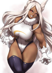 Rule 34 | 1girl, animal ears, bare shoulders, black thighhighs, boku no hero academia, breasts, commentary, covered navel, dark-skinned female, dark skin, fang, gloves, grin, highres, large breasts, leotard, looking at viewer, mirko, muscular, muscular female, packge, rabbit ears, rabbit girl, red eyes, silver hair, skin tight, smile, solo, standing, thick thighs, thighhighs, thighs, white gloves, white leotard, wide hips