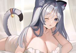 Rule 34 | 1girl, ;o, animal ear fluff, animal ears, bad id, bad pixiv id, bare shoulders, bell, blue eyes, blush, breasts, cat ears, cat girl, cat tail, cleavage, collarbone, dress, grey hair, large breasts, long hair, looking at viewer, lying, on stomach, one eye closed, original, parted lips, shibaebi (yasaip game), tail, tail bell, tail ornament, tearing up, white dress