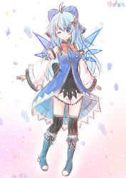 Rule 34 | 1girl, aged up, ahoge, alternate breast size, alternate costume, alternate hair length, alternate hairstyle, artist name, blue eyes, blue hair, blush, boots, bow, cirno, detached sleeves, frilled thighhighs, frills, hair bow, hair ornament, highres, ice, ice wings, long hair, looking at viewer, one eye closed, pigeon-toed, pleated skirt, signature, sketch, skirt, smile, solo, thighhighs, touhou, wings, yurume atsushi