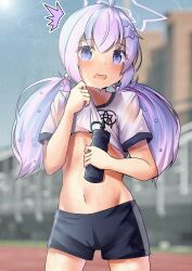 Rule 34 | 1girl, absurdres, black shorts, blue archive, blue eyes, blue hair, blurry, blurry background, blush, clothes lift, flat chest, gym uniform, hair bobbles, hair ornament, halo, highres, holding, holding thermos, hot, lifting own clothes, light purple hair, looking at viewer, multicolored hair, navel, open mouth, outdoors, reisa (blue archive), shirt lift, short sleeves, shorts, solo, stomach, surprised, sweat, thermos, toahinane, two-tone hair