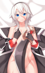 Rule 34 | 1girl, absurdres, bad id, bad pixiv id, bare shoulders, bed sheet, black coat, black gloves, black hairband, blue eyes, closed mouth, coat, collarbone, commission, cutlass, dakimakura (medium), facial scar, fate/grand order, fate (series), flat chest, franham, from above, full body, gloves, groin, hair between eyes, hairband, hand on own chest, hands up, highres, holding, holding sword, holding weapon, long sleeves, looking at viewer, lying, mary read (fate), no bra, no panties, on back, open clothes, open coat, scar, scar on cheek, scar on face, short hair with long locks, sidelocks, smile, solo, sword, weapon, white hair, wide hips