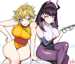 Rule 34 | 2girls, avatar 2.0 project, black gloves, blonde hair, breasts, china dress, chinese clothes, cleavage, closed mouth, crossed legs, demon girl, demon horns, disco tei meteo, dress, elbow gloves, gloves, hori shin, horns, indie virtual youtuber, kujo lychee, large breasts, long hair, looking at another, medium hair, multiple girls, purple eyes, purple hair, sideboob, sidelocks, simple background, single glove, sitting, smile, smirk, spiked hair, virtual youtuber, white background, white wrist cuffs, wrist cuffs, yellow eyes