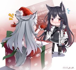 Rule 34 | 0 0, 2girls, :d, animal ear fluff, animal ears, arknights, arms up, black gloves, black hair, black legwear, blush, box, breasts, brown eyes, chibi, christmas, commentary request, dated, ear piercing, fang, female focus, flying sweatdrops, fur-trimmed gloves, fur-trimmed headwear, fur trim, gift, gift box, gloves, grey hair, grey shirt, hat, hehehzb, highres, holding, in box, in container, jacket, lappland (arknights), long hair, long sleeves, merry christmas, multicolored hair, multiple girls, nose blush, nude, open clothes, open jacket, open mouth, outstretched arms, pantyhose, parted lips, piercing, profile, red gloves, red hair, red headwear, santa gloves, santa hat, shirt, shoes, sideways mouth, small breasts, smile, standing, streaked hair, tail, texas (arknights), very long hair, white footwear, white jacket, wide sleeves