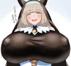 Rule 34 | 1girl, animal ears, belt pouch, black sweater, bombergirl, braid, breasts, commentary, covered erect nipples, detached sleeves, dress, fake animal ears, green eyes, grey hair, habit, half-closed eyes, huge breasts, komusou (jinrikisha), long hair, looking at viewer, motion lines, nun, open mouth, pouch, ribbed sweater, sepia belmont, sidelocks, simple background, smile, solo, standing, sweater, upper body, white dress, zipper
