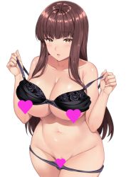 Rule 34 | 1girl, :o, ameno shigure, bare shoulders, black bra, black panties, blunt bangs, blush, bow, bow bra, bra, breasts, brown hair, censored, cleavage, collarbone, curvy, embarrassed, fat mons, girls und panzer, groin, heart, heart censor, hime cut, hip bones, lace, lace-trimmed bra, lace trim, large breasts, long hair, looking at viewer, mature female, narrow waist, nishizumi shiho, open mouth, panties, panty pull, print bra, pussy, pussy peek, raised eyebrows, removing bra, sidelocks, simple background, solo, surprised, underwear, undressing, white background, wide hips, yellow eyes