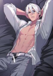 Rule 34 | 1boy, abs, arms behind head, belt, black male underwear, blue eyes, closed mouth, collared shirt, couch, cowboy shot, expressionless, fang, grey pants, hair between eyes, highres, kowamote (1515 iiotkwkk), looking at viewer, lying, male focus, male underwear, muscular, muscular male, navel, no nipples, on couch, open clothes, open shirt, open vest, original, pants, partially unzipped, shirt, solo, sweater vest, underwear, vest, white belt, white hair, white shirt