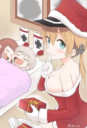 Rule 34 | 3girls, ahenn, blonde hair, blue eyes, breasts, cleavage, commentary request, hat, kantai collection, large breasts, long hair, low twintails, multiple girls, peaked cap, prinz eugen (kancolle), red hair, santa costume, santa hat, short hair, socks, twintails, z1 leberecht maass (kancolle), z3 max schultz (kancolle)