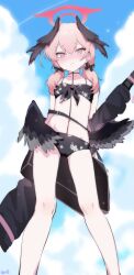 Rule 34 | 1girl, bag, bikini, black bikini, black bow, black wings, blue archive, blush, bow, breasts, closed mouth, collarbone, feathered wings, feet out of frame, floral print, front-tie bikini top, front-tie top, gun, hair between eyes, hair bow, halo, head wings, highres, koharu (blue archive), koharu (swimsuit) (blue archive), low twintails, low wings, navel, nose blush, official alternate costume, pink eyes, pink hair, pink halo, print bikini, small breasts, solo, spaghetti strap, standing, swimsuit, twintails, weapon, wings, youguo naberu