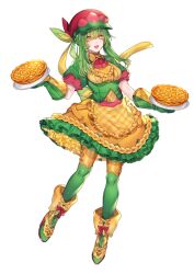 Rule 34 | 1girl, :d, apple pie, appletun, apron, ascot, bow, braid, creatures (company), dress, food, footwear bow, french braid, frilled apron, frills, game freak, gen 8 pokemon, green hair, green thighhighs, hat, holding, holding saucer, katagiri hachigou, long hair, nintendo, open mouth, oven mitts, over-kneehighs, personification, pie, plaid, plaid apron, pokemon, puffy short sleeves, puffy sleeves, saucer, short sleeves, shorts, shorts under dress, simple background, smile, solo, striped clothes, striped shorts, thighhighs, underbust, vertical-striped clothes, vertical-striped shorts, waist apron, white background, yellow apron, yellow eyes, yellow shorts