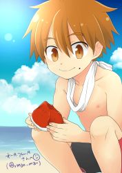 Rule 34 | 1boy, absurdres, bad id, bad twitter id, beach, black male swimwear, black swim trunks, brown eyes, brown hair, cloud, day, eyebrows, food, food on face, forked eyebrows, fruit, highres, lens flare, male focus, male swimwear, matching hair/eyes, outdoors, pocchipocchi, pop-up story, selim spark, short hair, sky, smile, solo, swim trunks, swimsuit, watermelon
