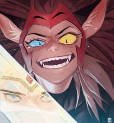 Rule 34 | 2girls, ahndory, animal ears, brown hair, cat ears, cat girl, catra, crying, freckles, grin, headgear, heterochromia, highres, korean commentary, multiple girls, red headwear, reflection, sharp teeth, she-ra, she-ra and the princesses of power, slit pupils, smile, solo focus, sword, teeth, uneven eyes, weapon