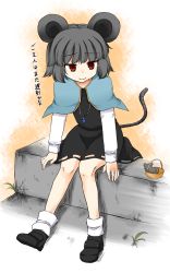 Rule 34 | 1girl, animal ears, arm support, bad id, bad pixiv id, black dress, capelet, dress, gradient background, grey hair, highres, jewelry, long sleeves, looking at another, mouse (animal), mouse ears, mouse tail, nazrin, pendant, red eyes, shoes, short dress, short hair, sitting, smile, solo, tail, touhou, translation request, zetsumame