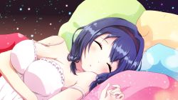 Rule 34 | 1girl, bare arms, blush, breasts, cleavage, collarbone, dress, closed eyes, furutani himawari, hairband, highres, large breasts, low twintails, lying, off shoulder, on back, parted lips, pillow, purple hair, revision, short hair, sleeping, sleeveless, sleeveless dress, solo, strap slip, sundress, twintails, ume-chan (artist), upper body, white dress, yuru yuri