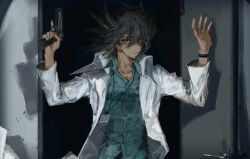 1boy arms_up black_hair blue_eyes door door_handle dress_shirt fudo_yusei green_shirt gun hands_up holding holding_gun holding_weapon indoors industrial lab_coat lanyard looking_at_viewer looking_to_the_side male_focus mokopuru open_door outdoors outstretched_arms red_dot_sight shirt surrendering watch weapon wristwatch yu-gi-oh! yu-gi-oh!_5d&#039;s