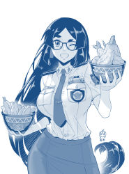 Rule 34 | 1girl, ;d, blue theme, bowl, breasts, contrapposto, cowboy shot, epaulettes, food, ge xi, glasses, grin, highres, holding, holding bowl, large breasts, levasol defense corps, long hair, monochrome, necktie, one eye closed, open mouth, original, pencil skirt, police, police uniform, policewoman, short sleeves, shrimp, shrimp tempura, skirt, smile, solo, standing, tempura, uniform, very long hair, witches in 7th base
