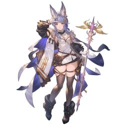 Rule 34 | 1girl, alpha transparency, armpits, black footwear, black thighhighs, blue hair, boots, breasts, cleavage, dress, erune, full body, gloves, granblue fantasy, hair ornament, holding, holding staff, holding weapon, jacket, medium breasts, minaba hideo, official art, purple eyes, short dress, short hair, solo, staff, thigh gap, thighhighs, thighs, tikoh, transparent background, weapon, white gloves, zettai ryouiki